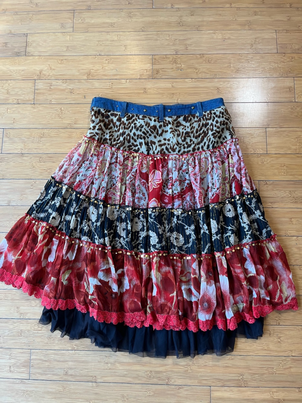 XOXO Y2K Tiered Mixed Media Floral Patchwork Low Rise Artsy Skirt with Sequins - Picture 8 of 12